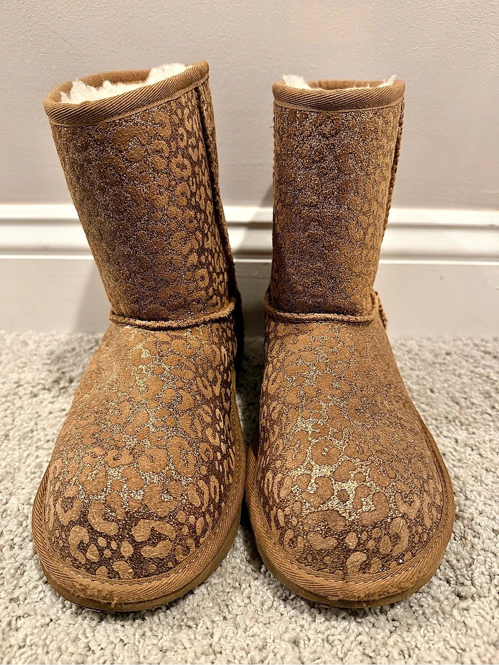 UGG Classic Short II Glitter Leopard Print Boots Brown and Rose Gold